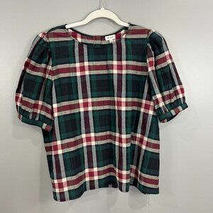 Cremieux Large Plaid Short puff Sleeve Back Button Top